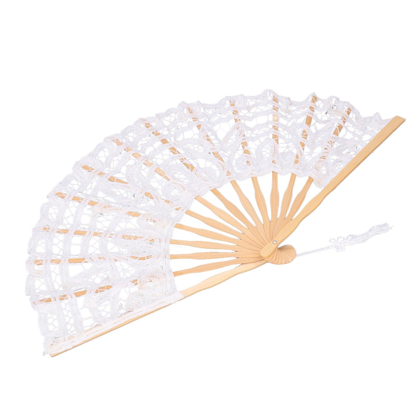 Folding Fan Hallow Lace Bamboo Bones Vintage Style Hand Fan with Tassel for Performance Clothes Decoration GiftWhite — image 2