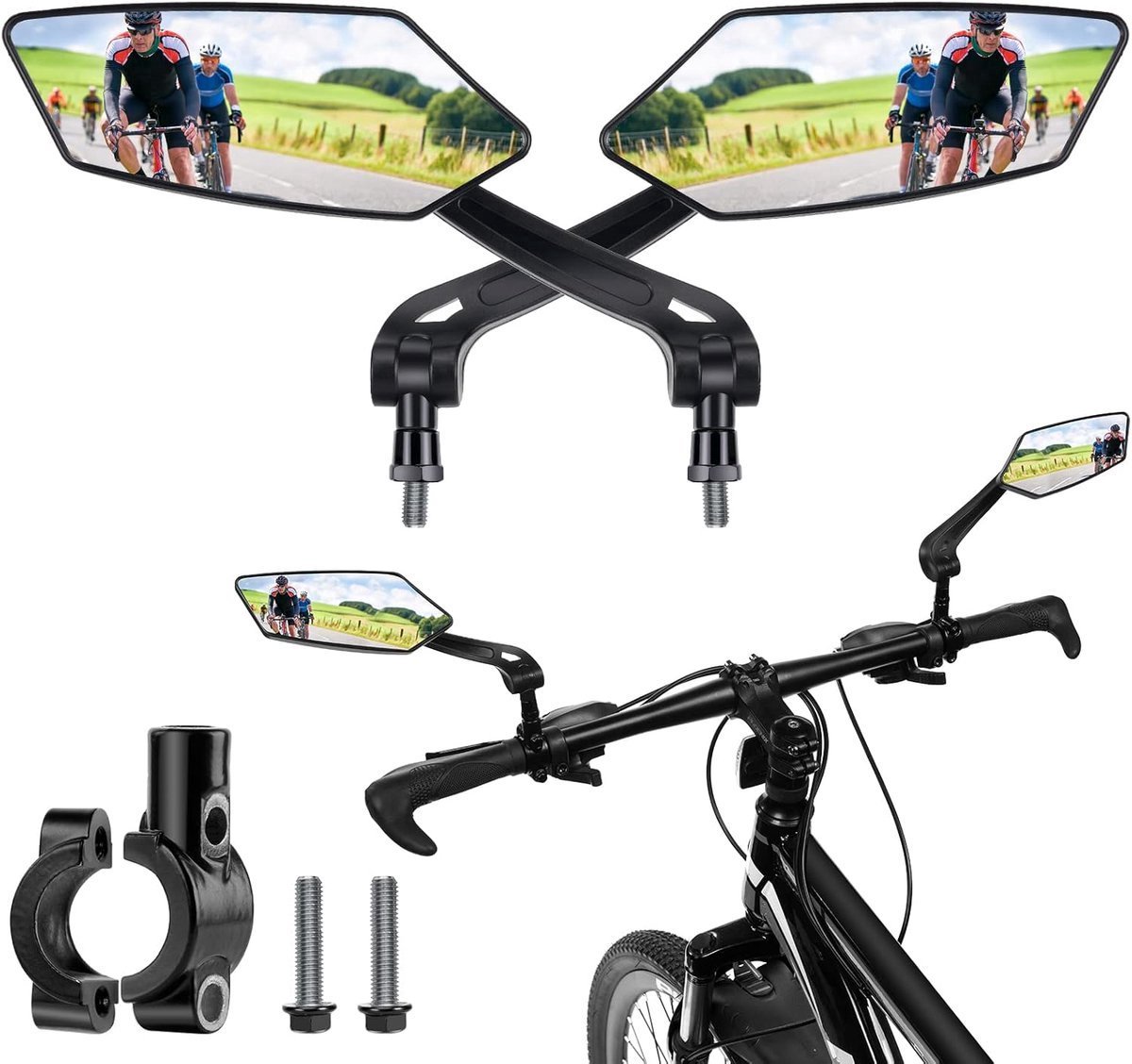 2-Piece Bicycle Rearview Mirror, Large Folding Mirror for 20-24mm Handlebars, 360° Adjustable HD Bicycle Mirror, Bike Mirror for Bicycles and Mountain Bikes