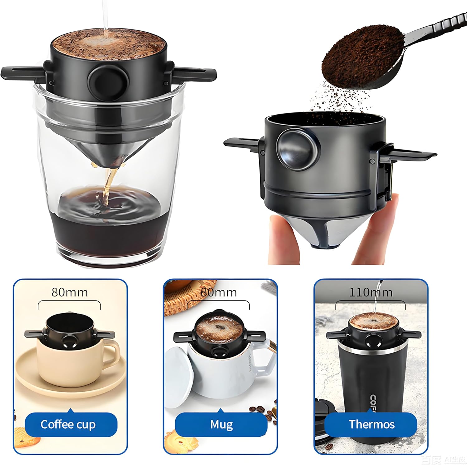 Reusable Stainless Steel Pour Over Coffee Dripper Filter Holder for Sustainable Slow Coffee at Home & Travel Black — image 4