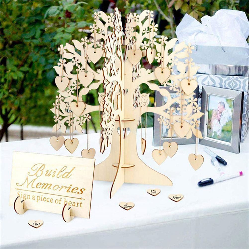 Wood Tree Frame Guest Book with Stand Unique Rustic Wedding Guest Registry with 100pcs Wooden Hearts — image 4