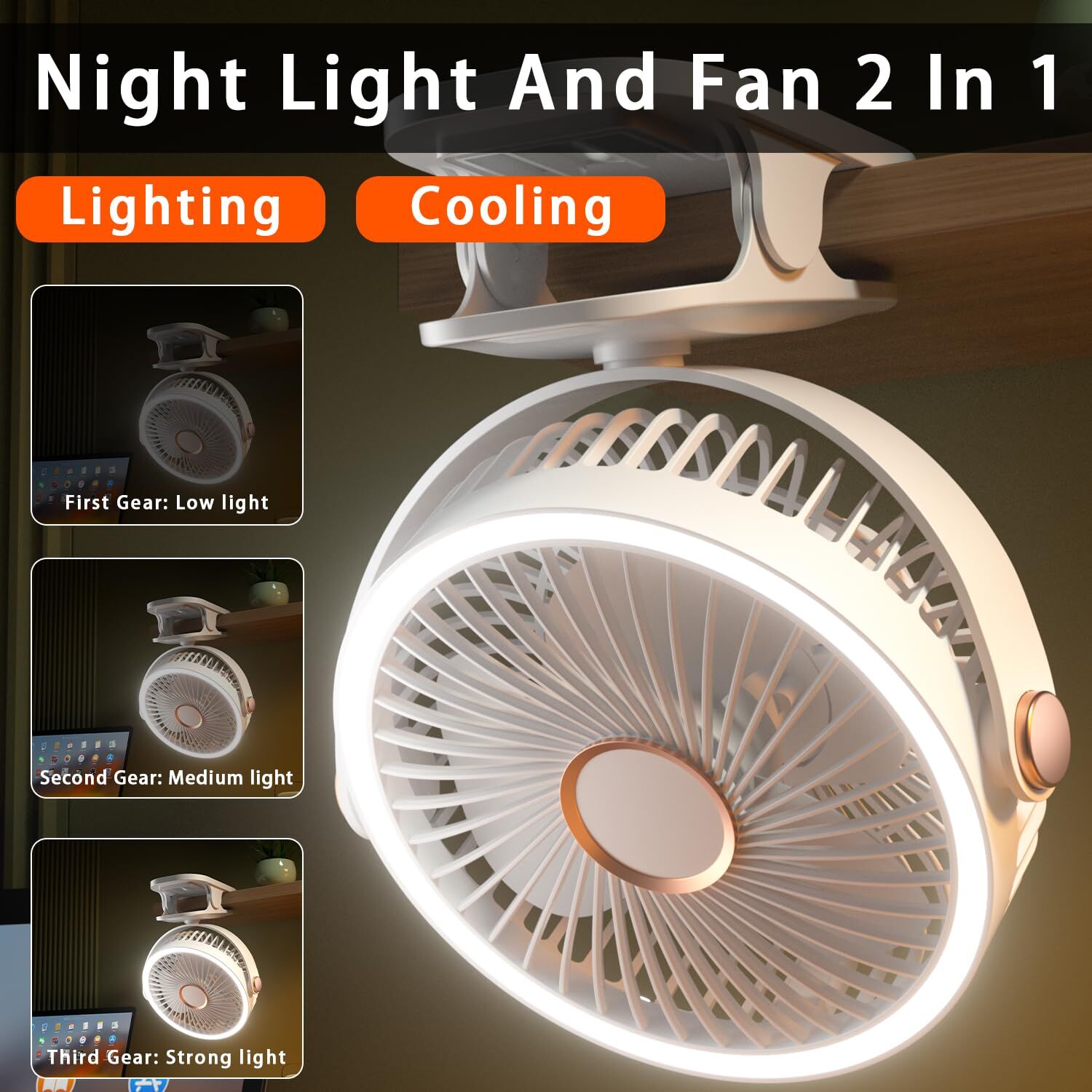 Mini Clip-on Fan with LED Light – USB Rechargeable, 360° Rotatable, 5-Speed Cooling for Desk, Bed, Camping & Travel (White) — image 5