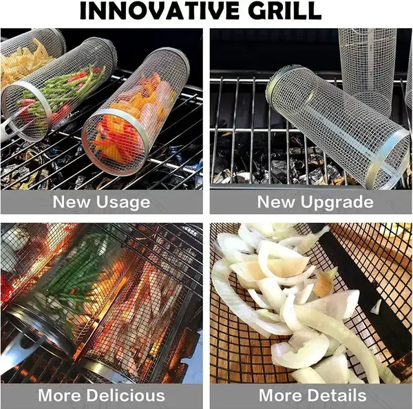 Rolling BBQ Grill Basket, Stainless Steel Mesh Cylinder for Vegetables and Meat on Gas and Charcoal Grills, Silver, 20 cm โ image 5
