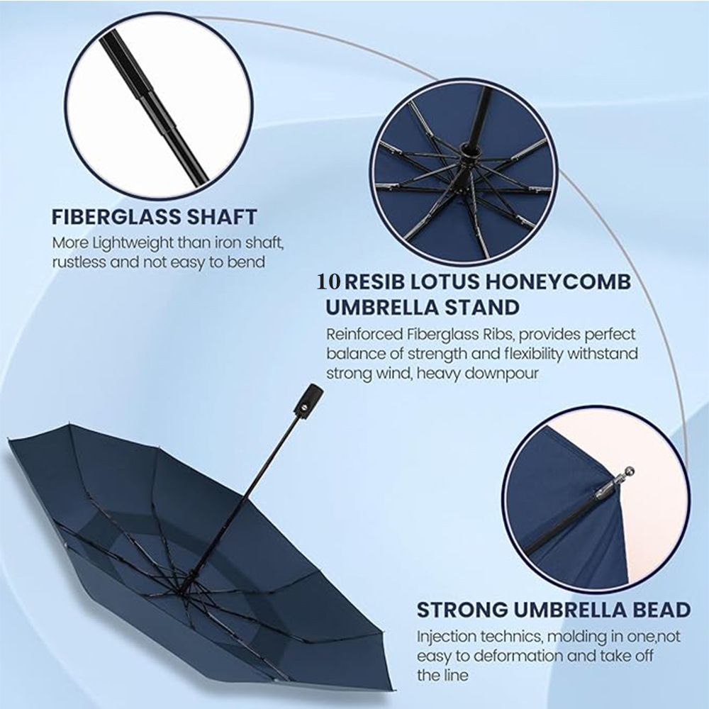 46 inch Black Windproof Automatic Travel Folding Umbrella and Black Absorbent Hanging Storage Pouch Set – Compact 3-Fold Auto Open Close Umbrella wth Double — image 4