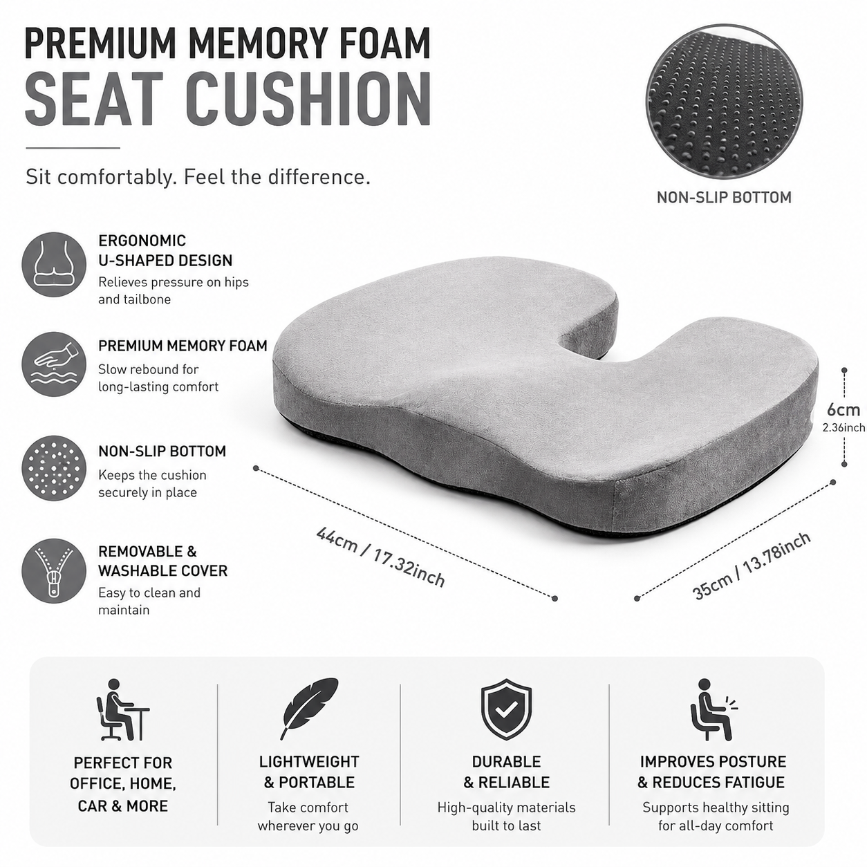 Grey Memory Foam Seat Cushion - 44 x 35 x 6 cm Polyester Chair Pad, Anti-slip bottom, Thickened Breathable Comfort for Office Chairs, Student Desks — image 2