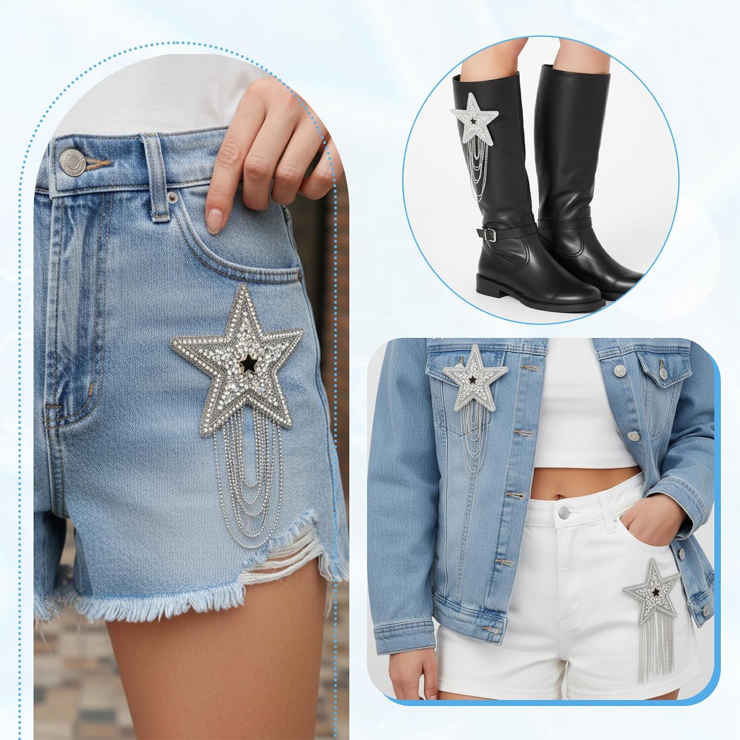 6PCS Rhinestone Star Iron on Patches, Shiny Silver Rhinestone Tassel Star with Chains Glitter Sequin Patches for Trucker Hats Jeans Bags Backpacks Jackets — image 4
