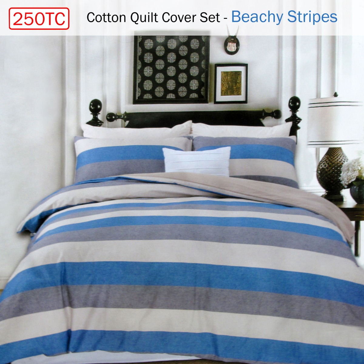 250TC Cotton Reversible Quilt Cover Set Beachy Stripes Queen โ image 2