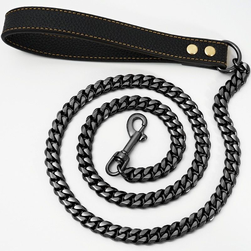 Premium Cuban Link Dog Leash with Genuine Leather Handle – Heavy-Duty Stainless Steel Pet Walking Chain for Large Dogs, Polished Electroplated — image 6