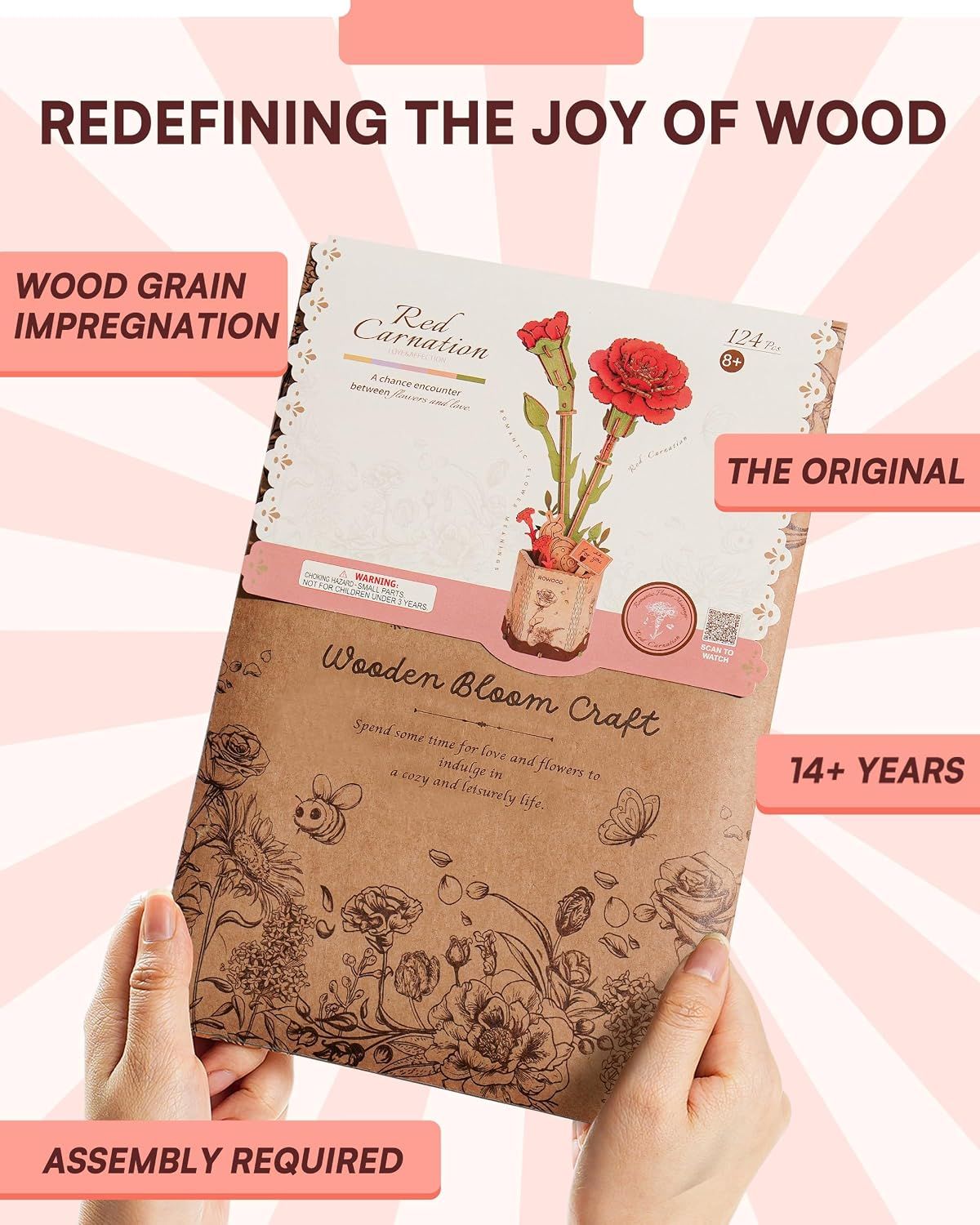3D Flower Wooden Puzzles for Adults-Red Carnation, DIY Wooden Flowers Model Kit Building Set Crafts for Adults to Build, Botanical Collection/Ideal — image 3