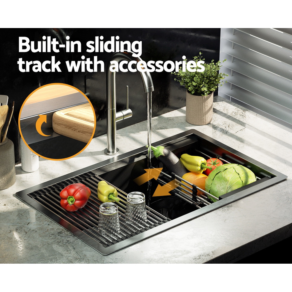 Cefito Kitchen Sink 70X45CM Stainless Steel Single Bowl Drain Rack Basket Black โ image 5