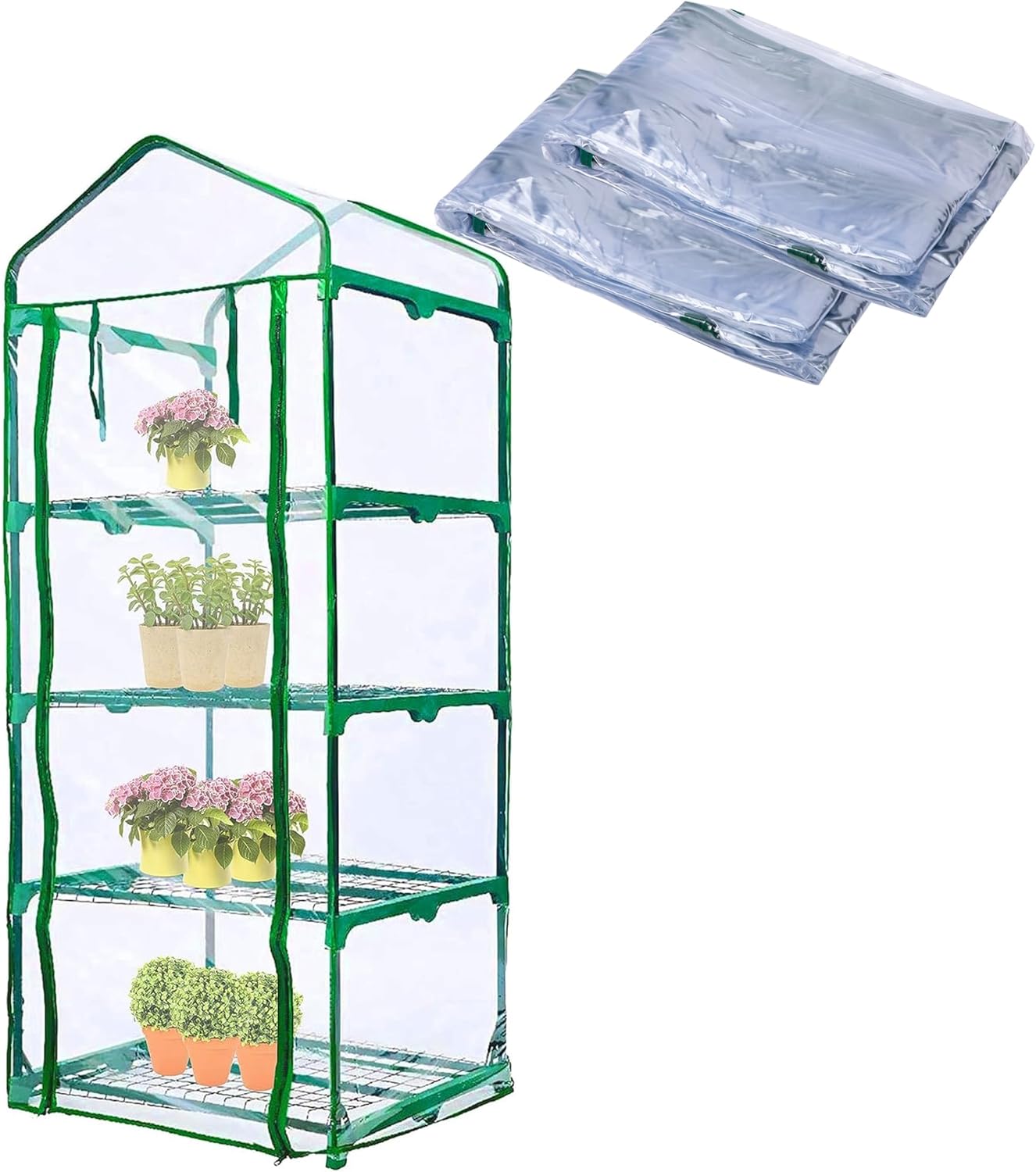 2 Pcs 4 Tier Greenhouse Replacement Cover- 27 x 19 x 63 Inch Clear PVC Plant Greenhouse Cover with Roll-Up Zipper Door for Gardening Plants Flowers (Frame Not