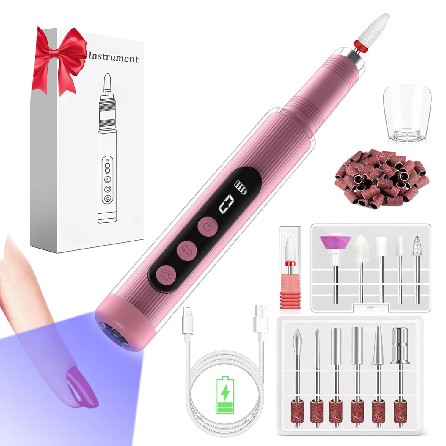 Portable Cordless Electric Nail Drill Kit with UV Lamp - 0-20000RPM, LED Display, 12 Bits(Purple) โ image 2