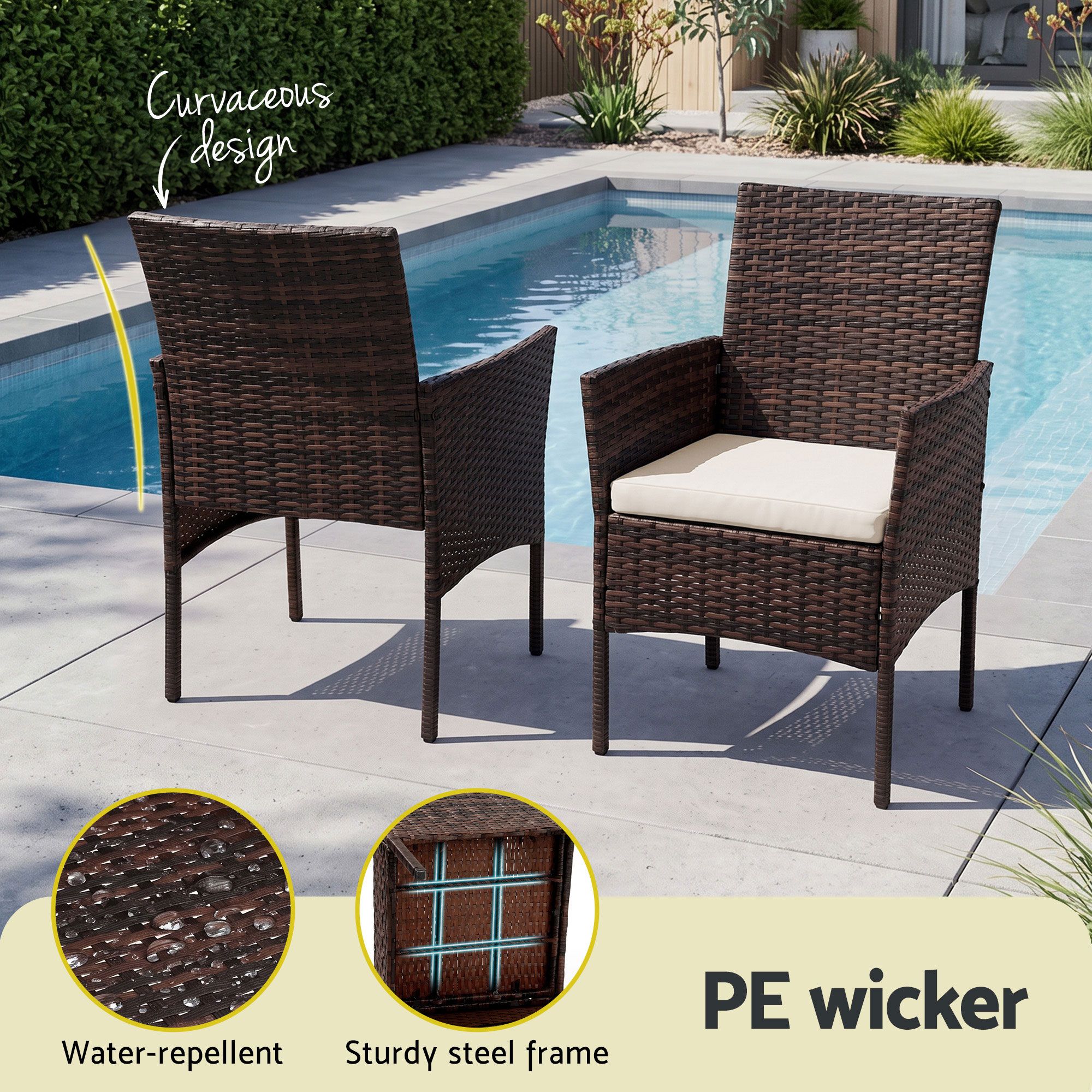 Gardeon 3PC Outdoor Bistro Set Patio Furniture Wicker Setting Chairs Table Cushion Brown — image 5