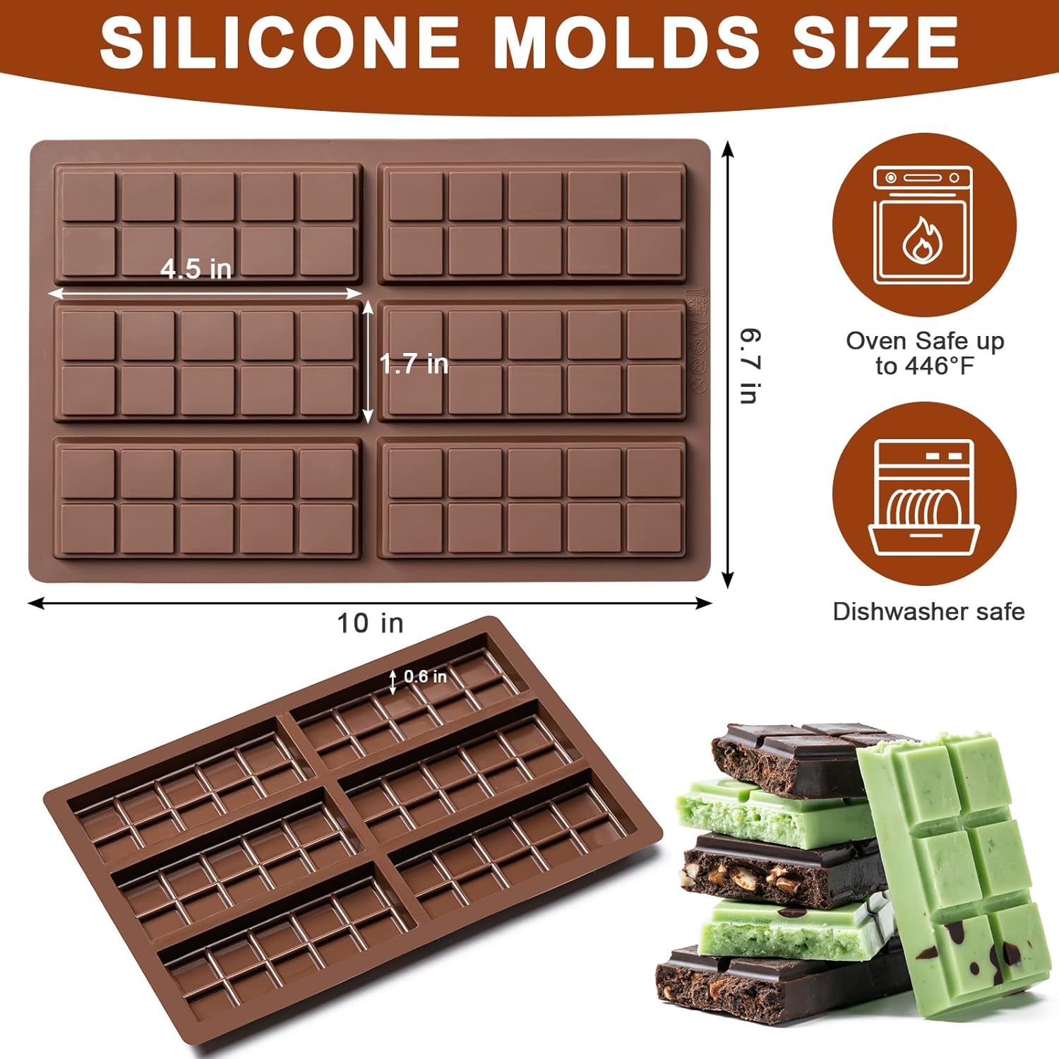 Chocolate Bar Mold,Non-Stick Chocolate Molds, 100% Food Grade Silicone Deep Mold for Dubai Pistachio Rod, Candy, Snacks, Knafeh Pistachio Rod and More(10 Snap) — image 2