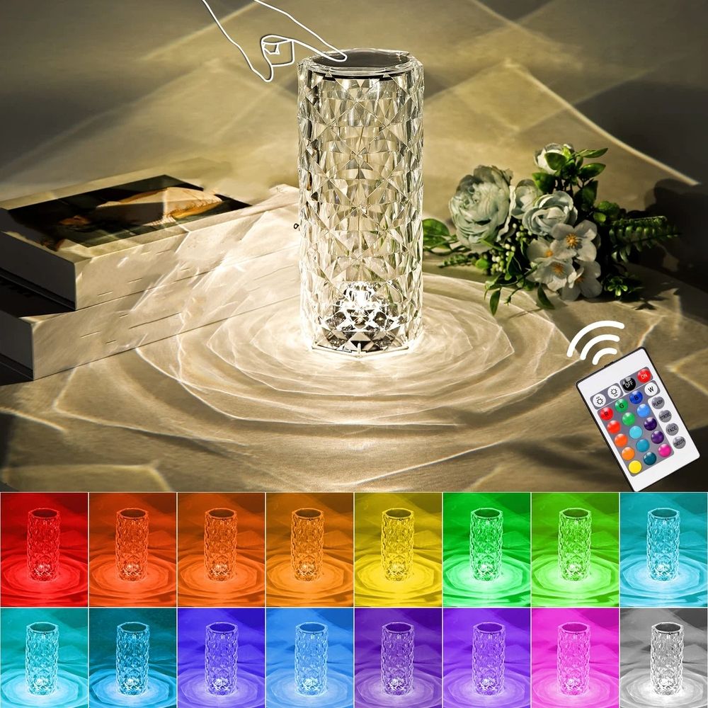 Crystal Lamp, Touch Control Crystal table Lamp, Crystal Rose Lamp with 16 Colors, RGB Night Light with USB & Remote Control