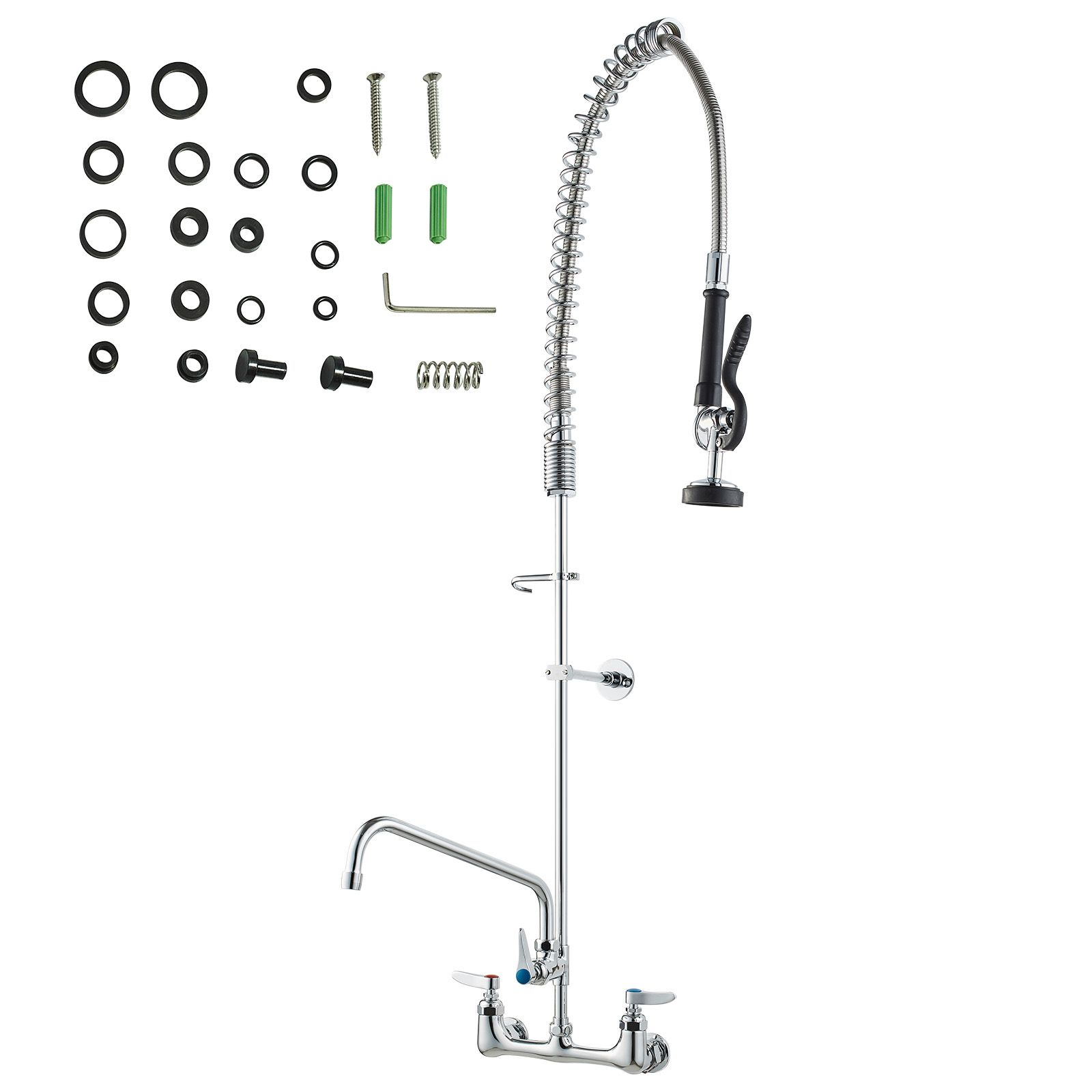 Commercial Faucet with Pre-Rinse Sprayer, 47" Height, 8" Center, 12" Swing Spout, Wall Mount Kitchen Sink Faucet, Brass Constructed Device with Pull Down