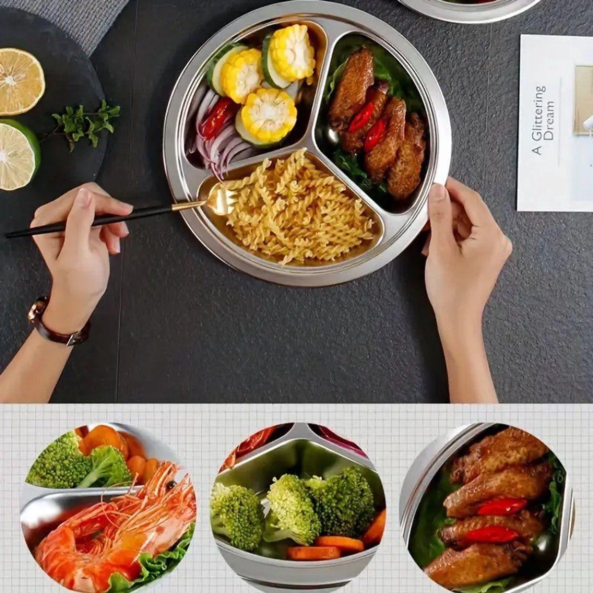 4 Pack Stainless Steel Divided Dinner Plates, 3 Compartment Round BPA Free Portion Trays For Kids And Adults, Camping Picnic, Silver, 23.5 cm โ image 2