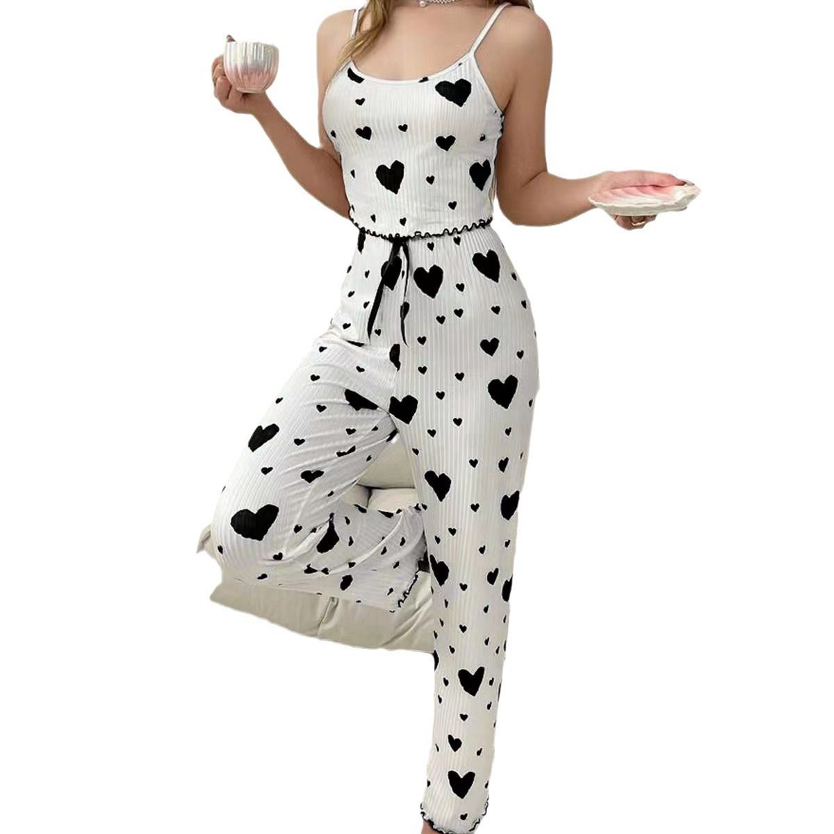 Women Polyester Pajamas Set Sleeveless Printed Sleepwear Pink and Black XXL โ image 6