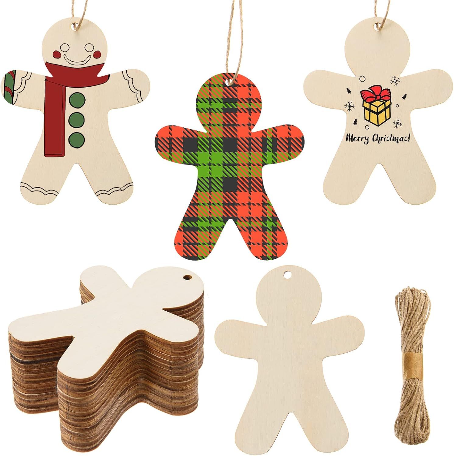 72 Pcs Wooden Gingerbread Man Ornaments Crafts Unfinished Christmas Wood Tags with Ropes Natural Blank Wooden Gingerbread Man Shapes Cutouts for DIY Crafts