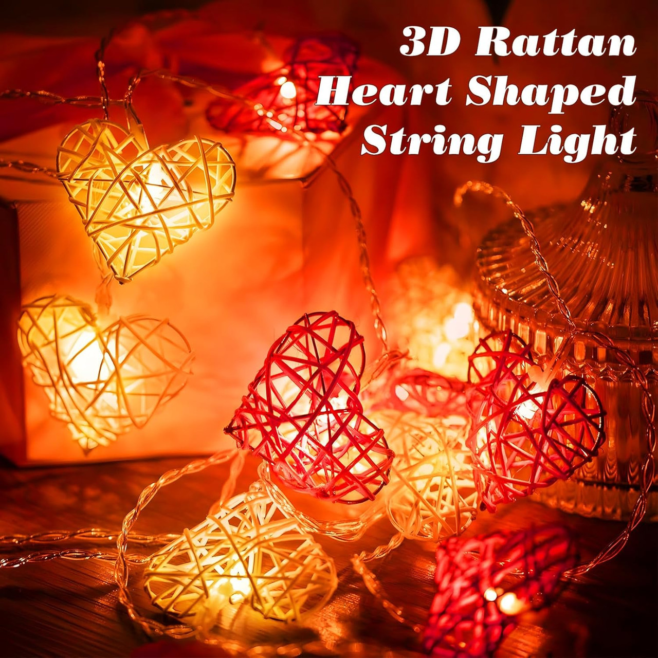 20 Red and White 3D Hollowed Rattan Heart-Shaped 3M String Fairy Lights, Battery (AA) Indoor & Outdoor Decorations Wedding Valentines Romantic Room โ image 4