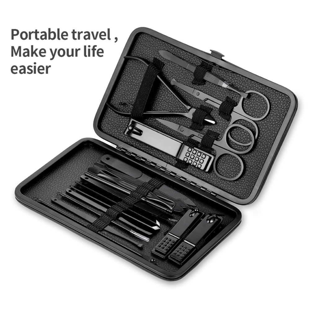 Black Nail Clipper 18 Set Stainless Steel Manicure Nail Scissors Pedicure Kit Nippers Trimmer Care Tool with Travel Case Kit โ image 3