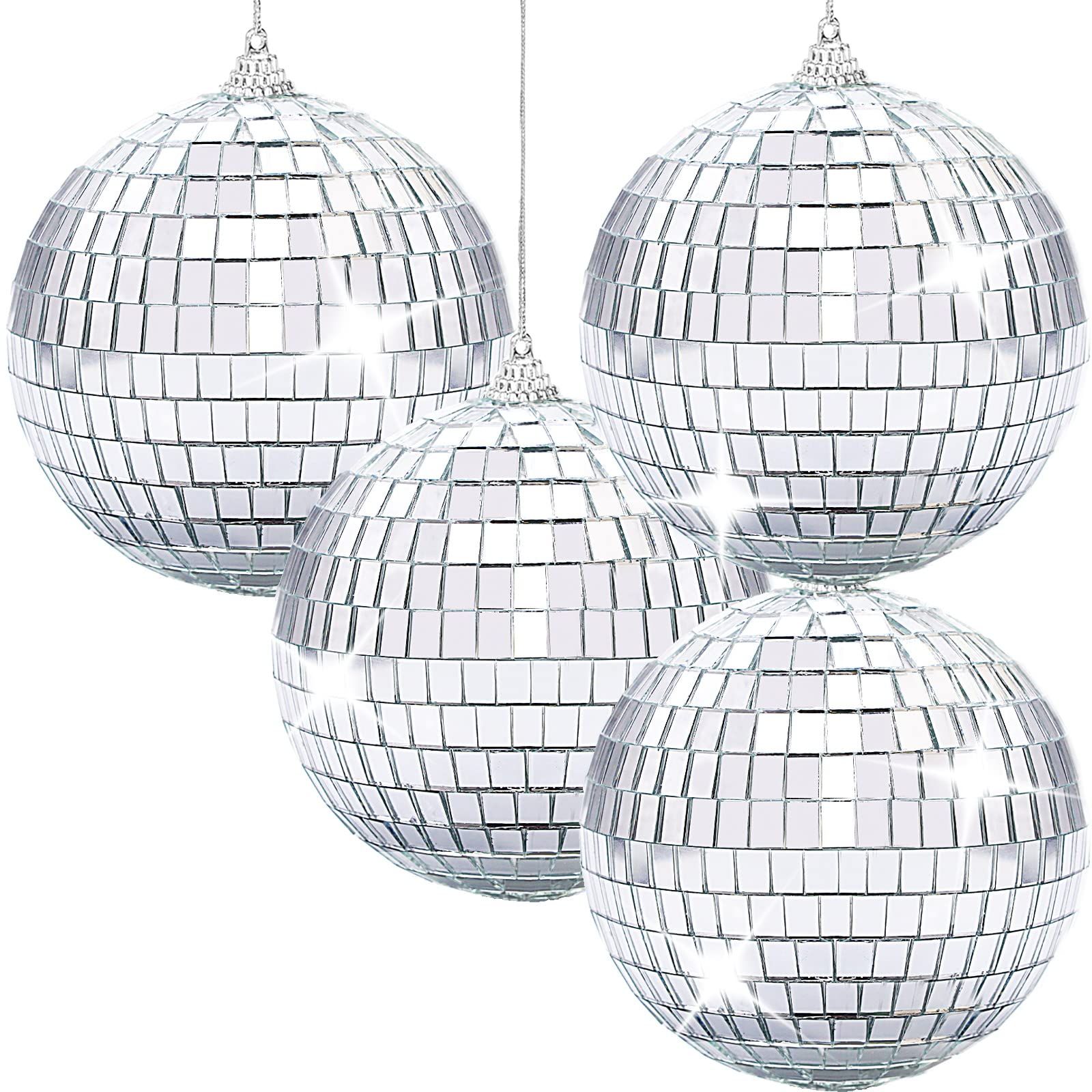 Sliver Disco Ball 4" Inch 4-Pack Reflective Mirror Ball Ornaments Hanging Disco Ball with Attached String for Ring Disco Ball