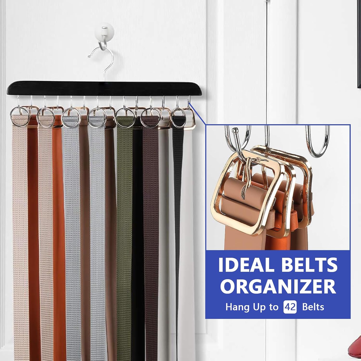 Belt Hanger Bra Hanger Tie Rack, Belt Organizer for Closet Accessories with 14 Hooks, Sturdy Wood for Closet Organizers and Storage — image 3