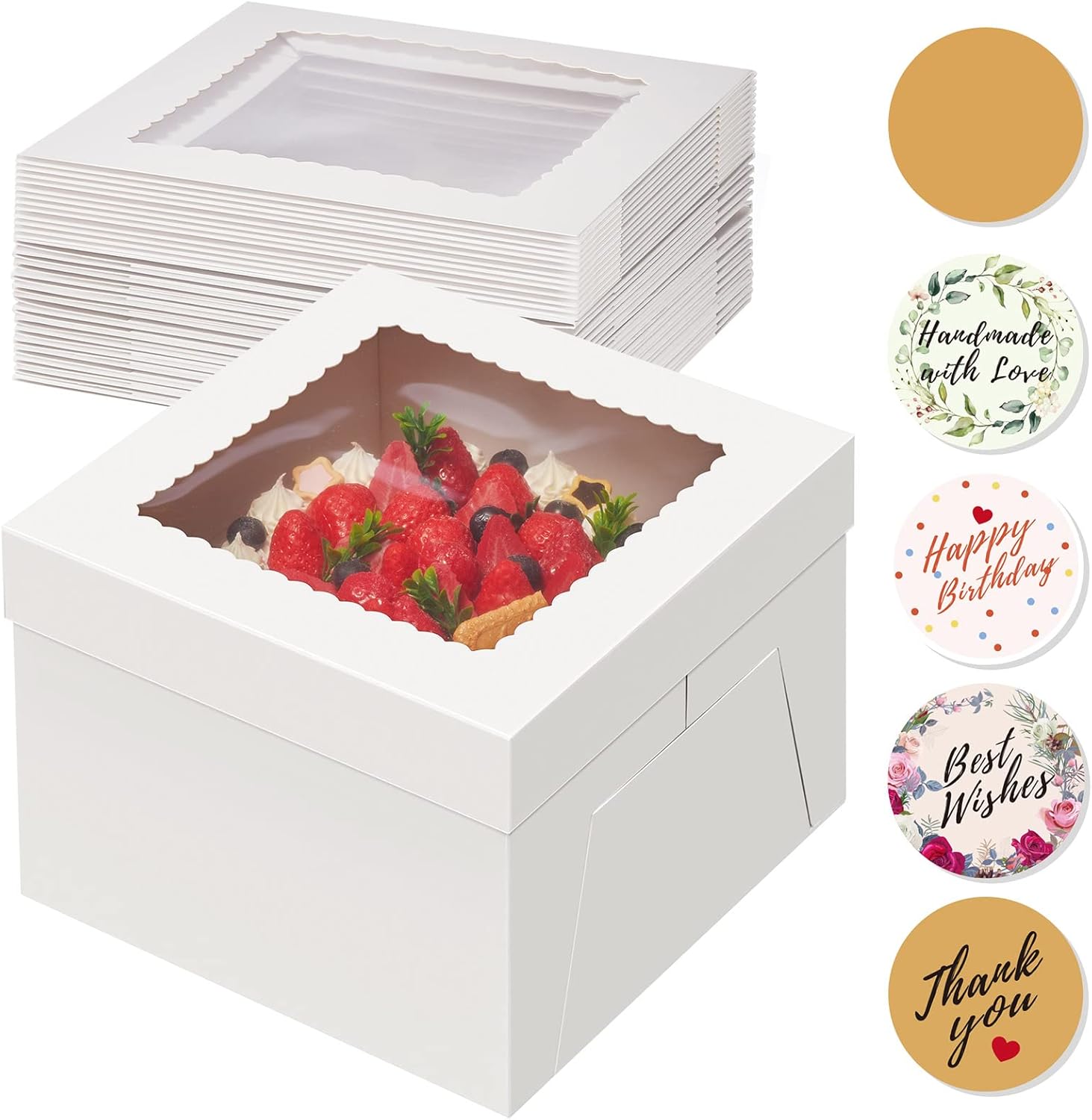 15pcs Cake Boxes, 10x10x8 Inches Tall Cake Box with Window, White Bakery Boxes, Large Baking Boxes, Square Cardboard Cake Box for Multi-Layer Cakes, Cake
