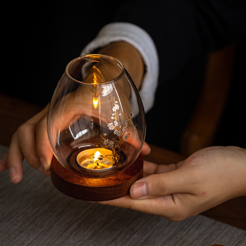 Windproof Glass Candle Cover with Wood Base - For Tealights, Zen Home Accent (Plum blossom candlestick) โ image 2