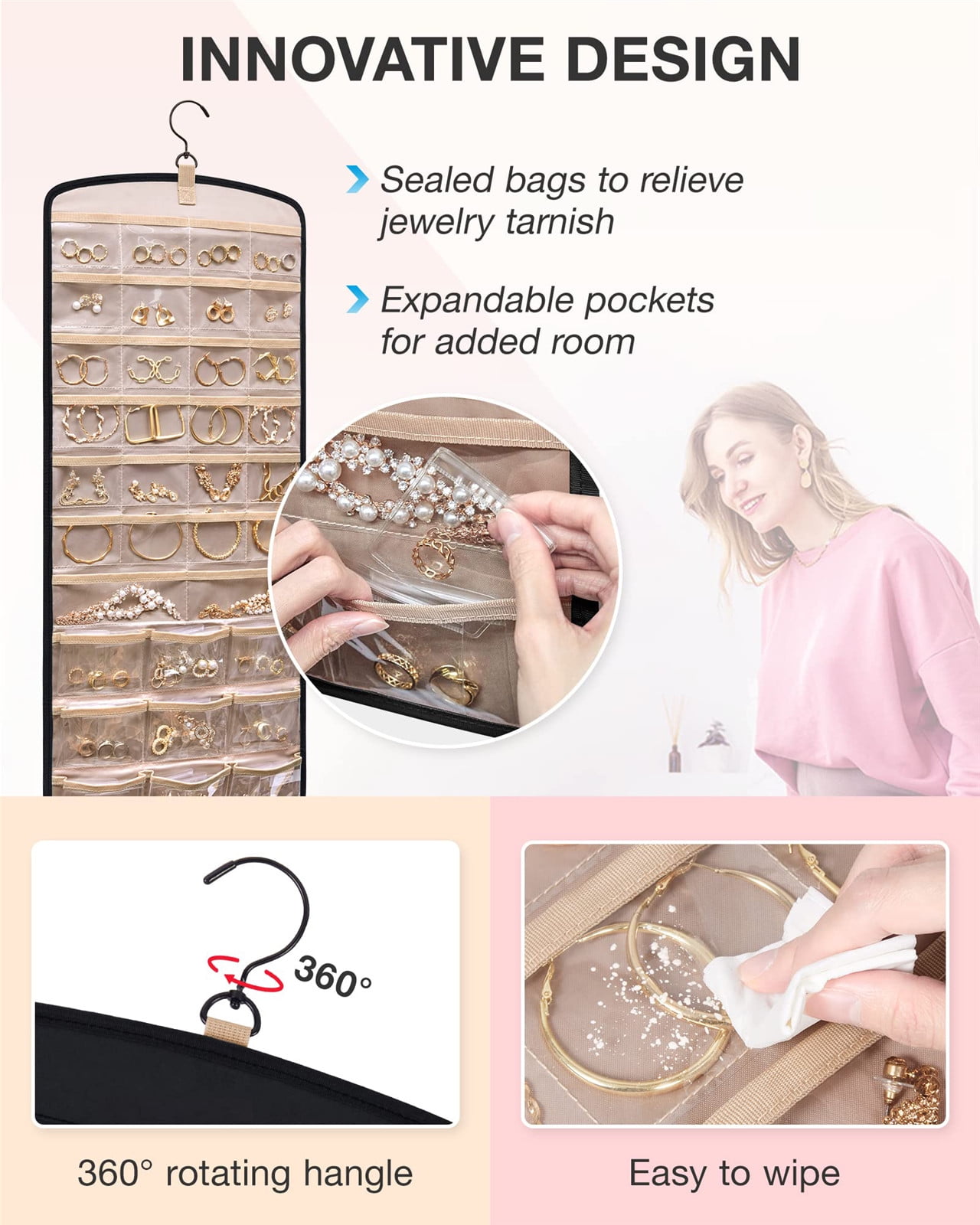 Hanging Jewelry Organizer Necklace Holder Anti-tangle Earrings Rings Hanger with 20 Jewelry Bags Travel Storage Roll with Pockets Hang on Closet, Wall, Door,1 — image 4