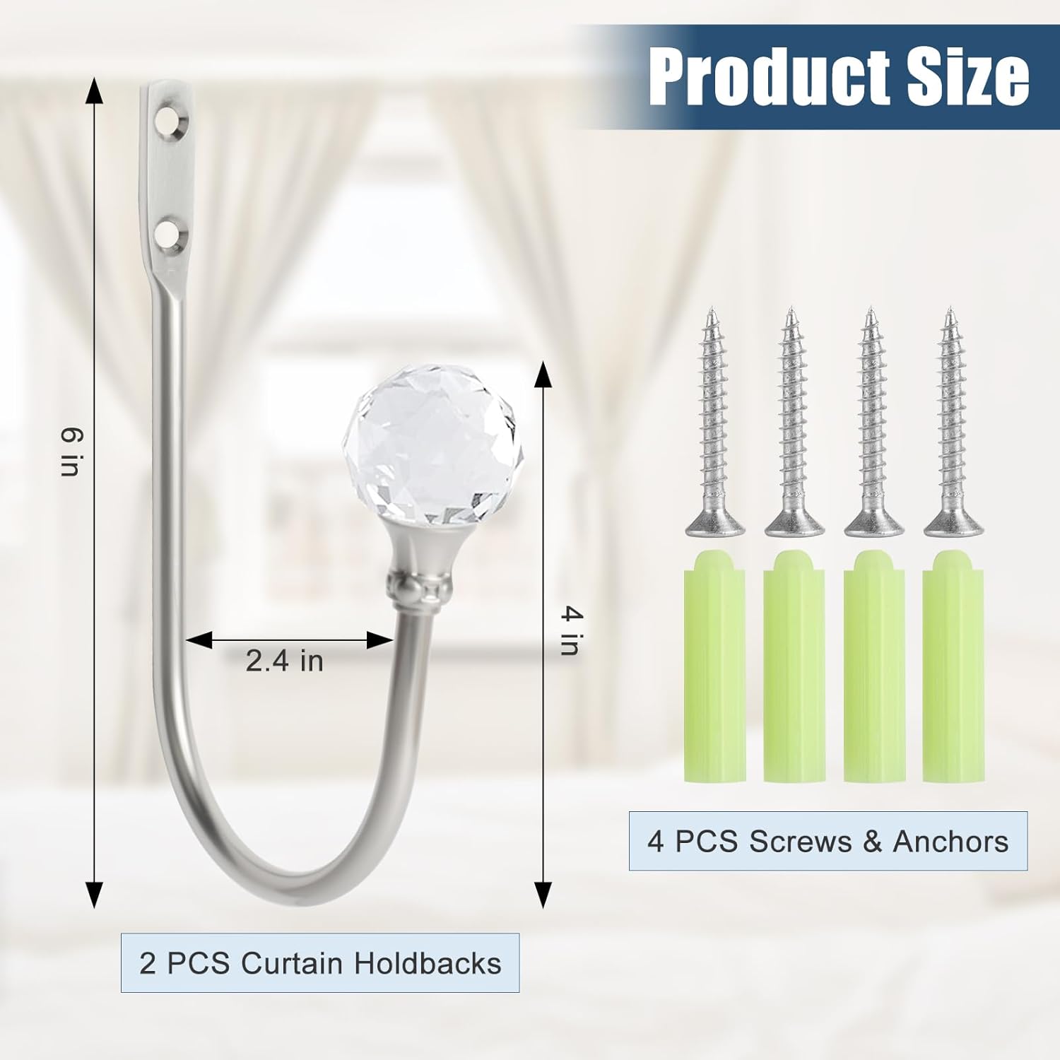 Curtain Holdbacks Silver Wall Mounted Curtain Holders Window Drapery Tiebacks with Clear Crystal Ball Quality Metal Curtain Tiebacks Curtain Hooks with Screws — image 4
