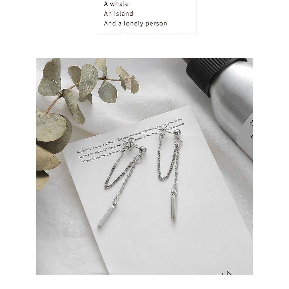 Silver Bar Dangle Earrings for Women Teen Girls Minimalist Dangle Earrings Threader Chain-Electroplating+Alloy — image 5