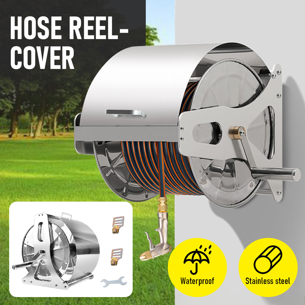 Large Stainless Steel Garden Hose Reel Cart Portable Pipe Holder With Rainproof Sunscreen Protection Lid and Crank Handle — image 2