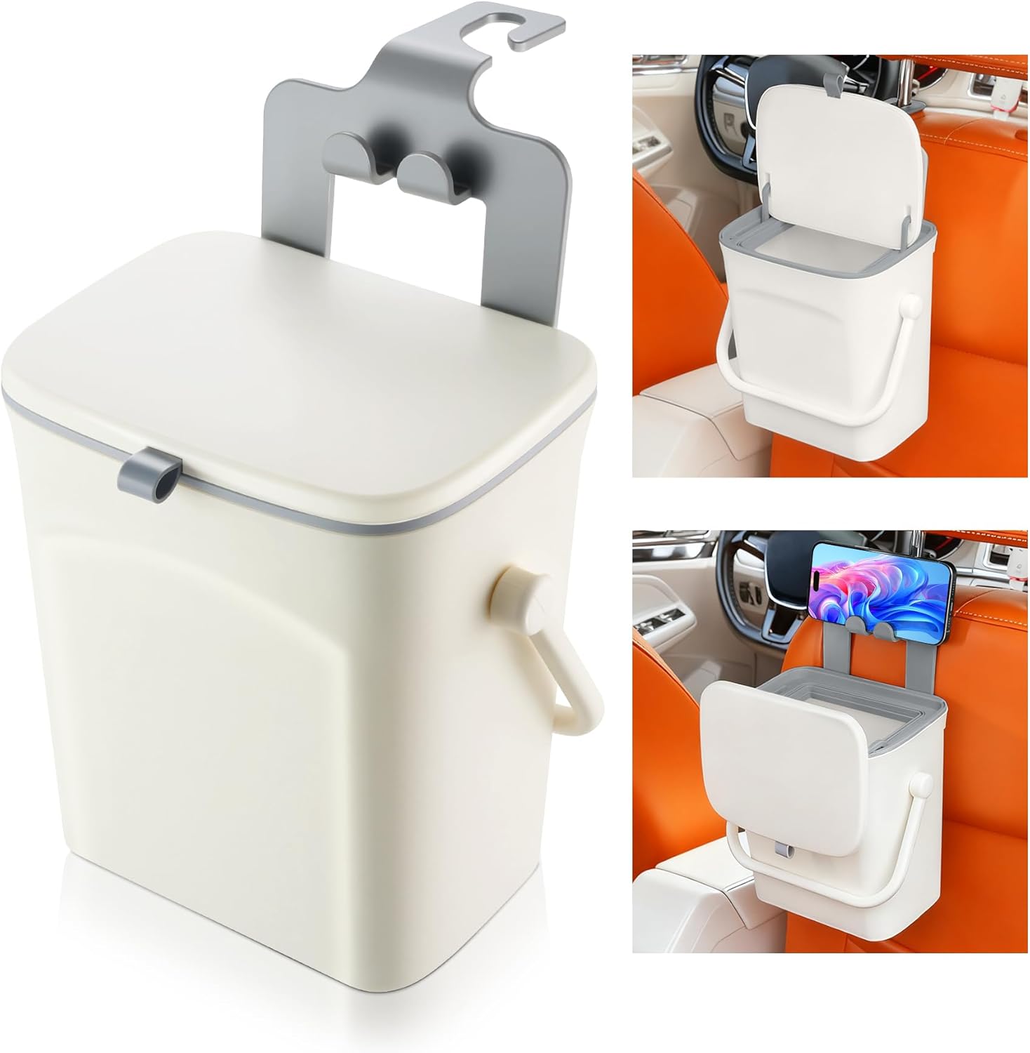 Car Trash Can with Lid and Phone Holder, Universal Bin, Waterproof Hanging Vehicle Garbage Can, Leak Proof Organizers Storage, Accessories Interior for Women