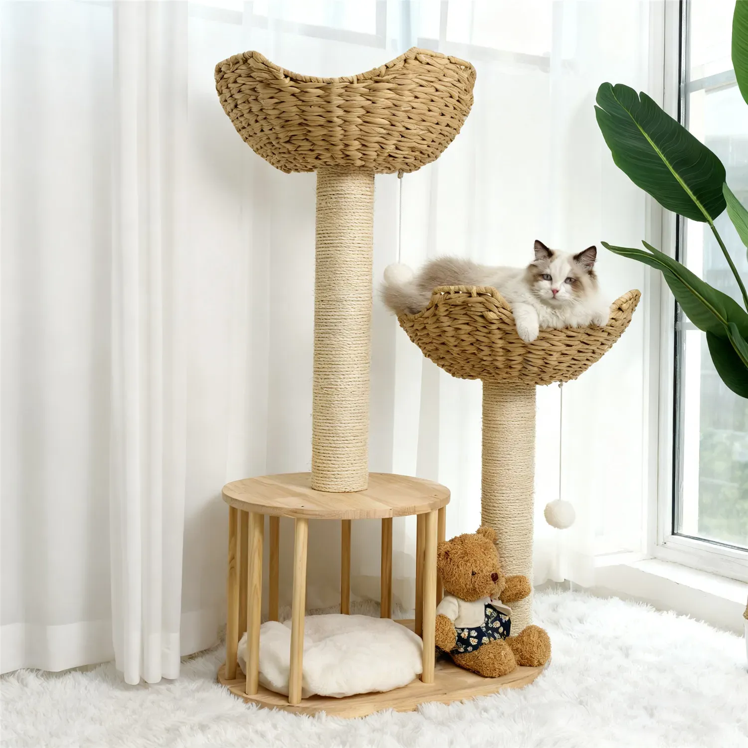 Large Cat Scratching Post Tree Tower with Baskets and Cubby Cave in Natural Wood & White, 60x40x99cm โ image 6