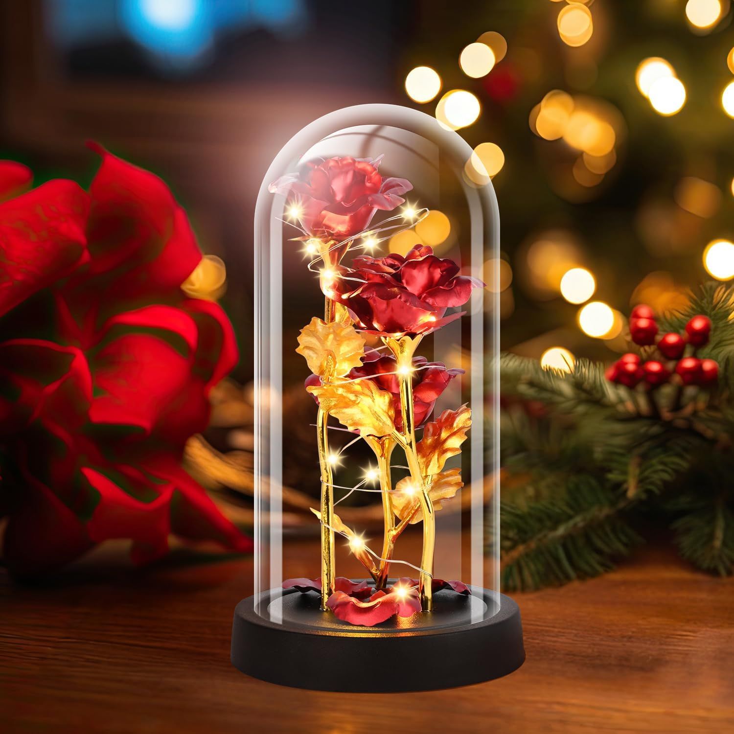 Eternal Blue Rose in Glass Dome with LED Lights, Romantic Forever Flower Gift for Valentine’s Day Anniversary Mother’s Day Birthday (Red) — image 2