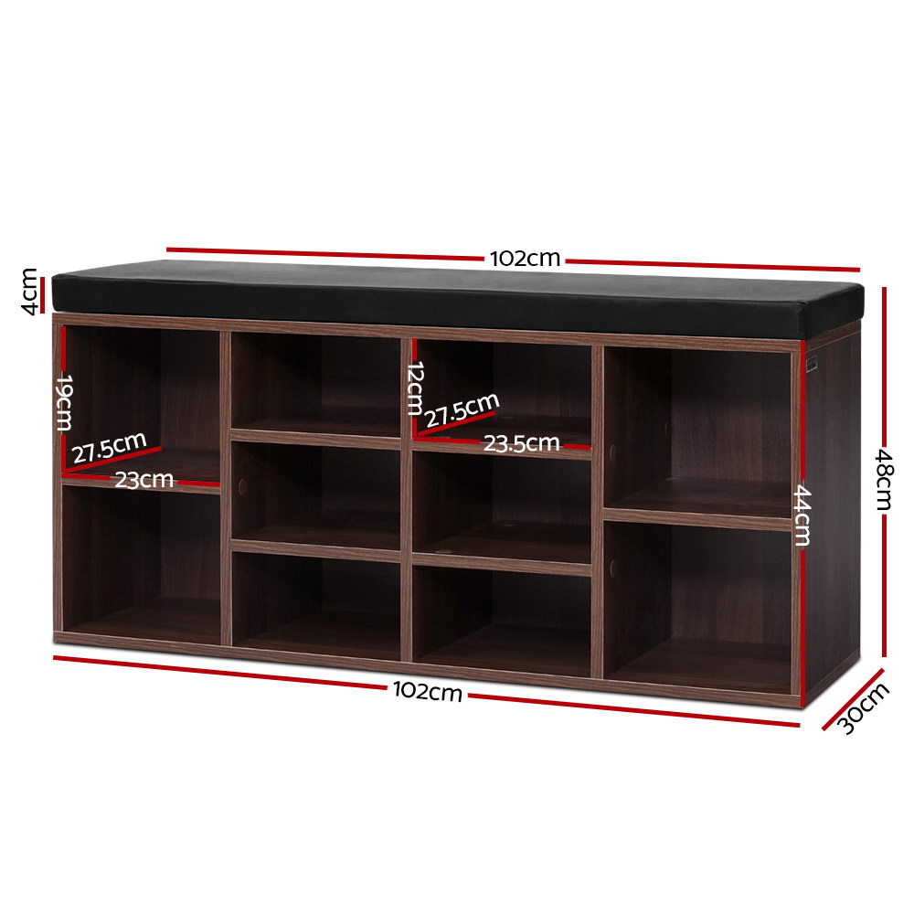Artiss Shoe Rack Cabinet Bench 10 Cubes - Walnut โ image 2