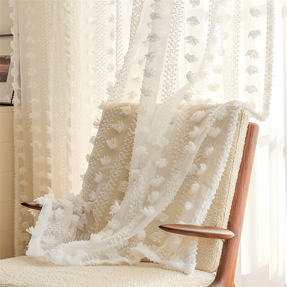 2 Panels White Sheer Curtains Spring Decor 82.6 Inch Length for Living Room, Boho Lightweight Nursery Curtains, Cute Light Filtering Privacy Rod Pocket Drapes
