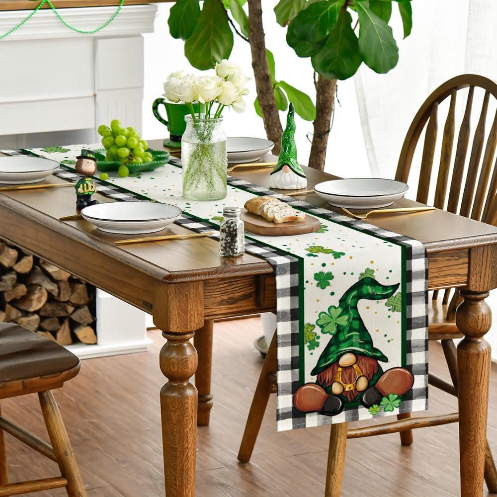 Buffalo Plaid Shamrock Gnome St. Patrick's Day Table Runner, Seasonal Spring Holiday Kitchen Dining Table Decoration for Indoor Outdoor Home Party Decor 13 × — image 3