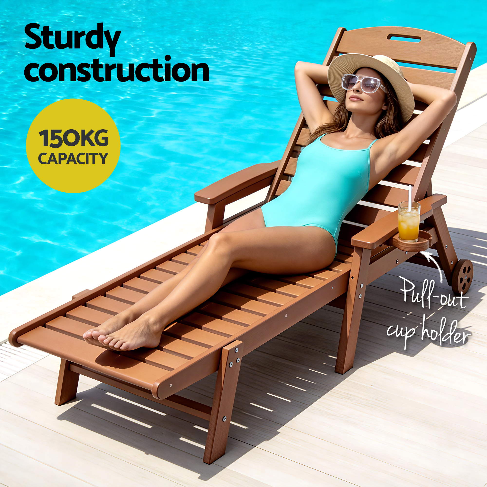 Gardeon Sun Lounge Lounger Table and Chairs Beach Chair HDPE Patio Outdoor Furniture Wheels Brown — image 6