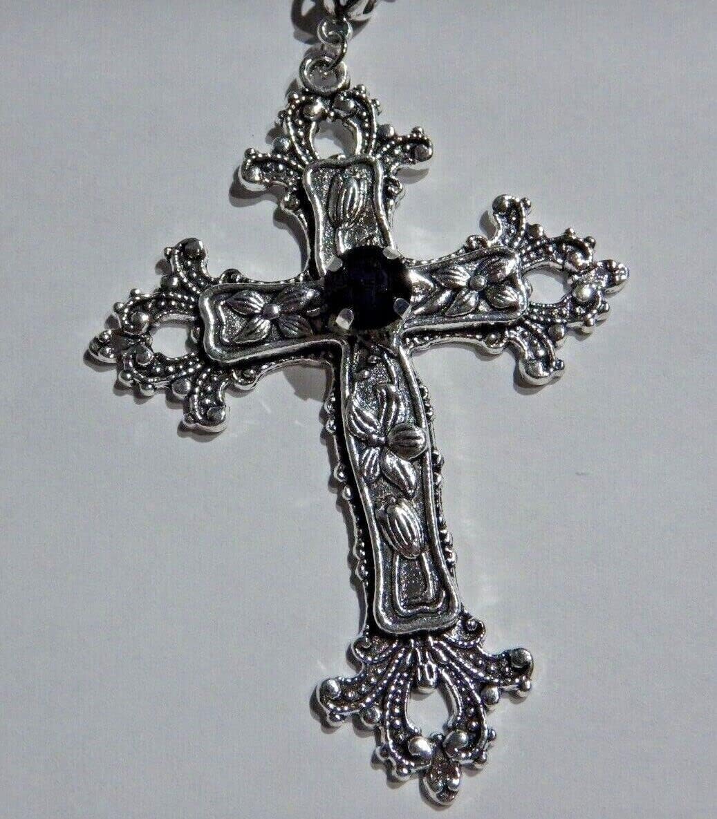 Large Gothic Cross Necklace silver-tone pendant with glass stone, on 24" steel chain… — image 2