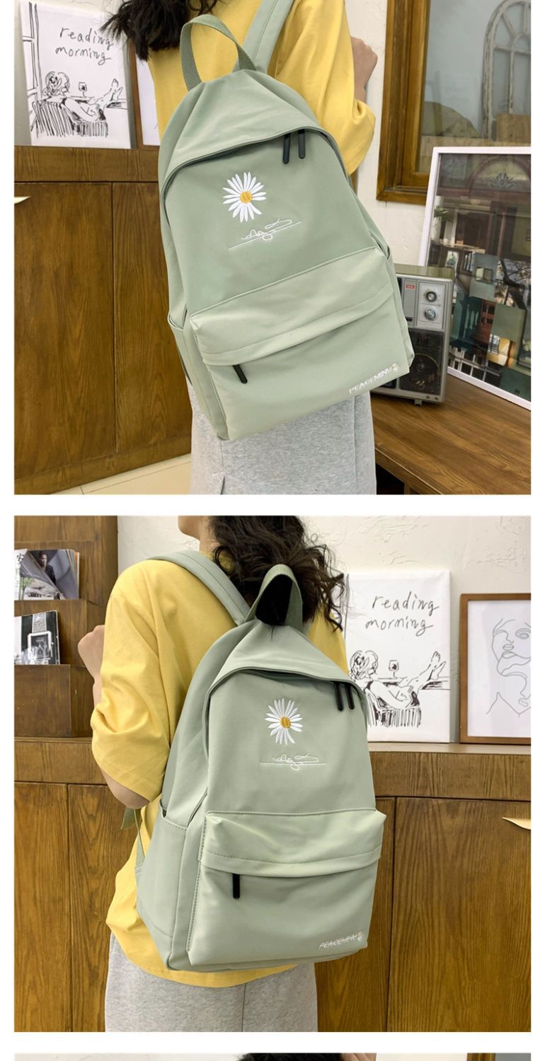 Daisy Embroidered Waterproof Backpack School Bag Green Nylon Laptop Daypack for High School Uni and Travel โ image 2