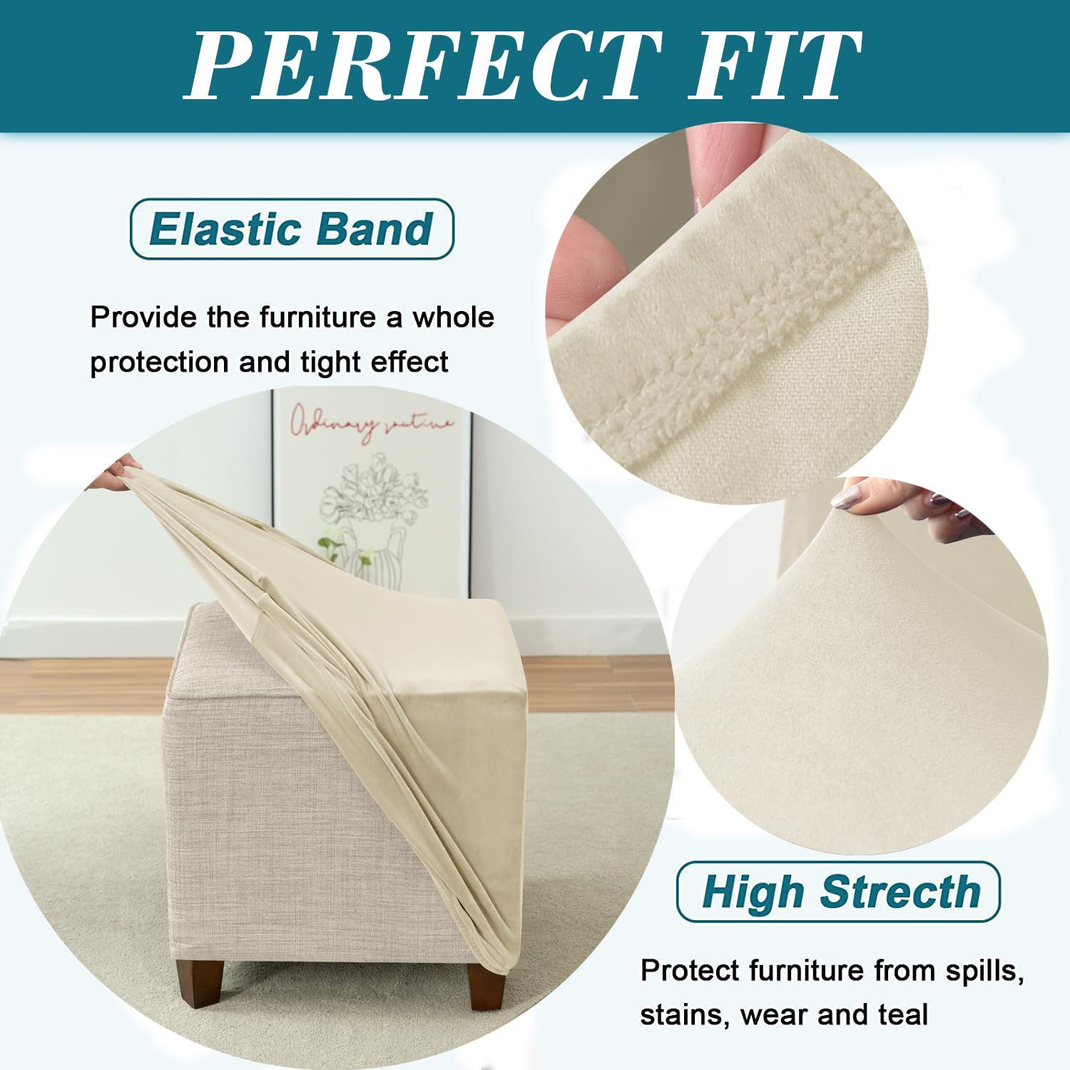 Super soft elastic fabric square cover footstool furniture protective cover elastic bottom comfortable silver fox fur (beige S) โ image 4