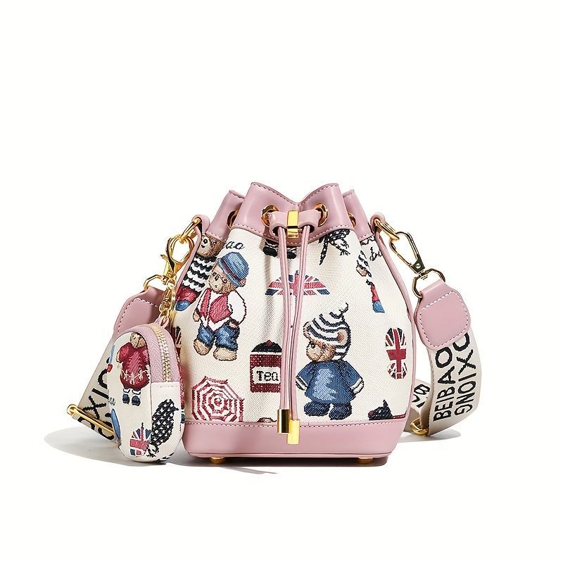 Women'S Bucket Bag Bear Print Handbag Trendy Handbag British Style Bag - Pink - Size 11-14-19 — image 3