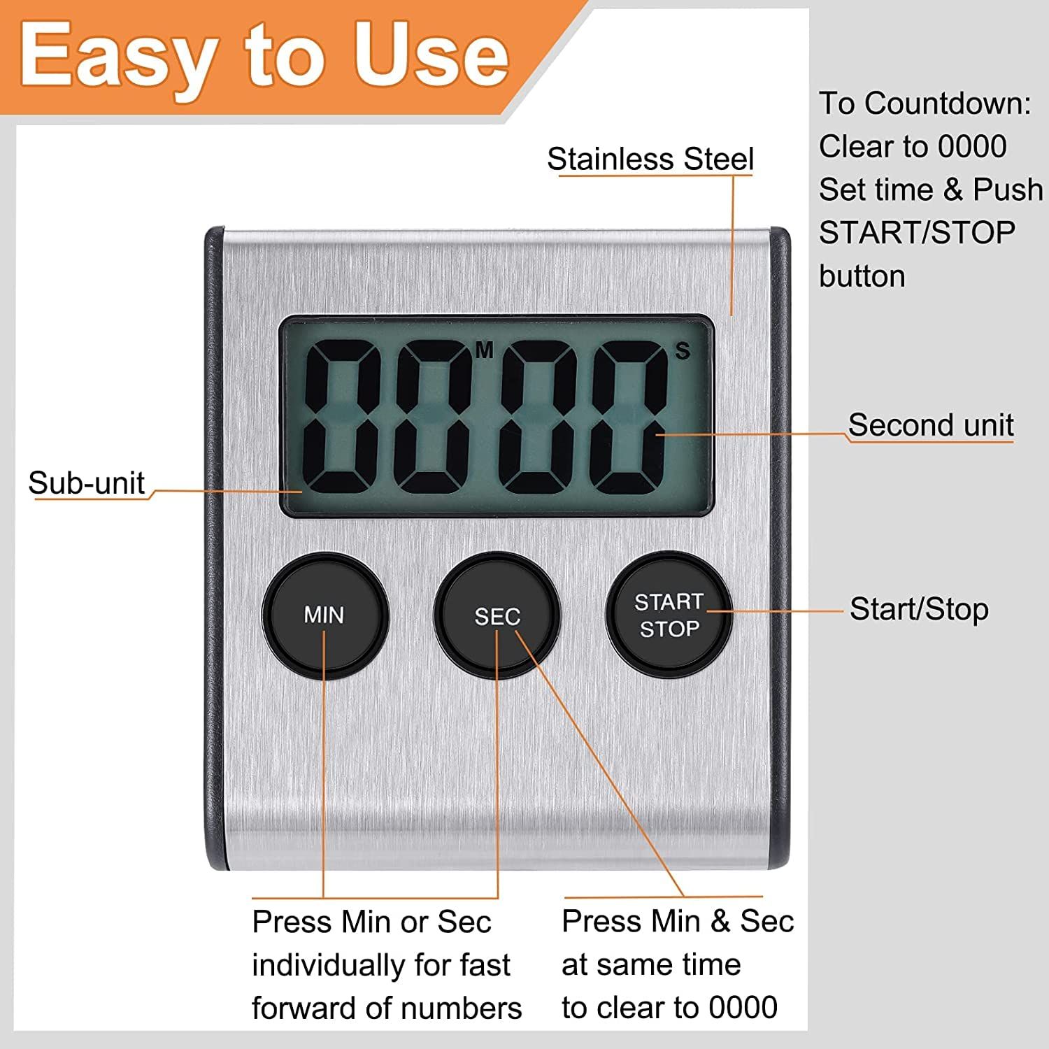 Kitchen Timer, Digital Kitchen Timer Magnetic Countdown Kitchen Timer with Loud Alarm Stainless Steel Timer for Kitchen — image 4