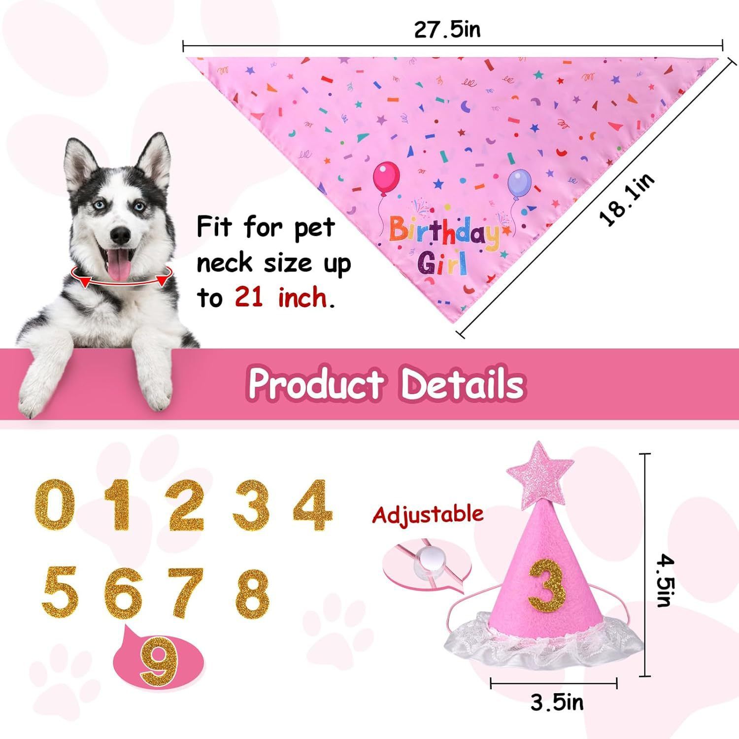 Pink Pet Birthday Bandana and Hat Set - Soft Cotton, Double-Sided Print, Adjustable Party Hat with Number - Cute Dog Birthday Accessories for Photo Props and — image 2