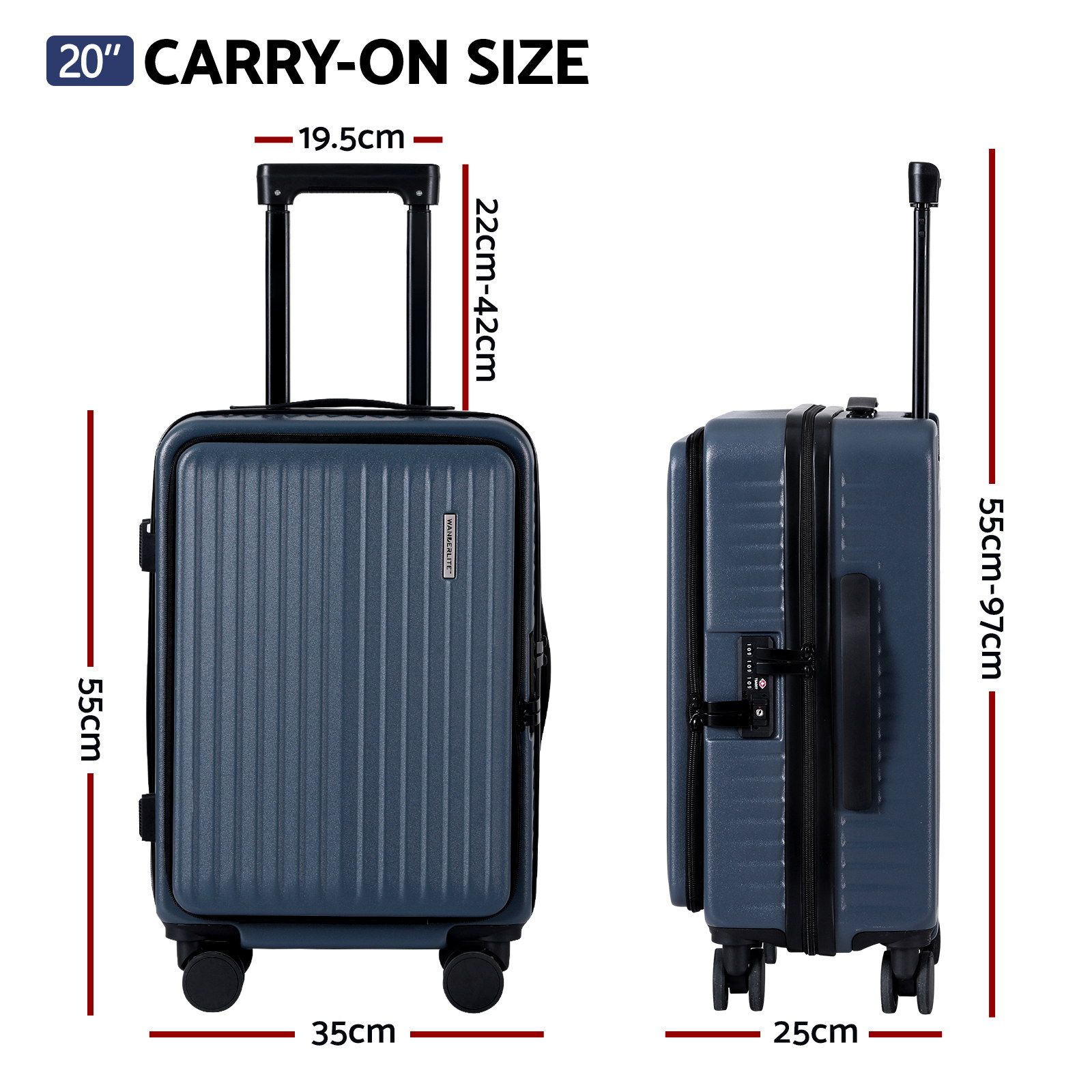 Wanderlite 20" Luggage Suitcase Front Pocket Travel Carry On Dual TSA Navy β image 2
