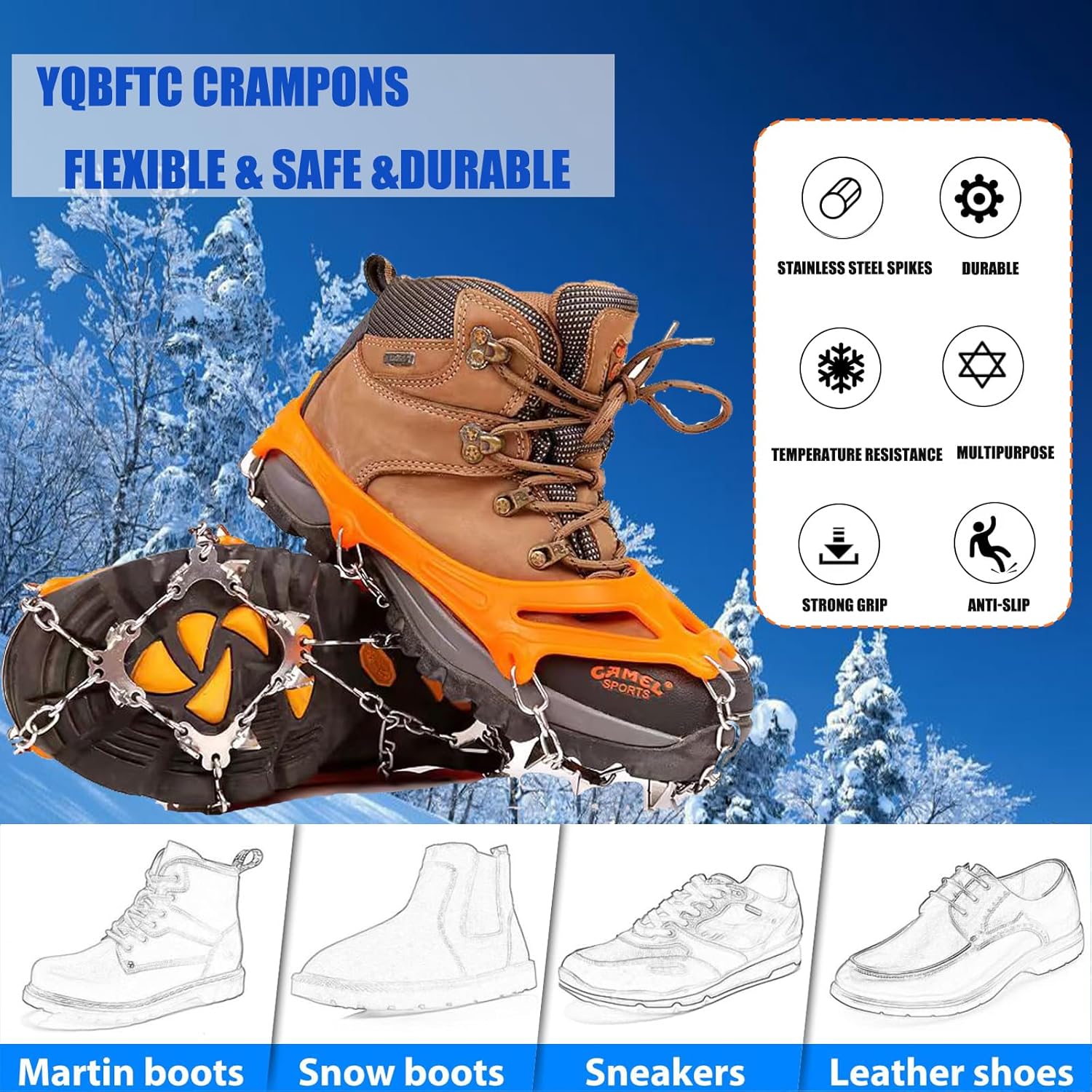 Grödel Stijgijzers for hiking boots with 10 teeth, crampons, shoe spikes, winter, anti-slip shoe spikes for men, women, adults, suitable for walking, trail — image 4