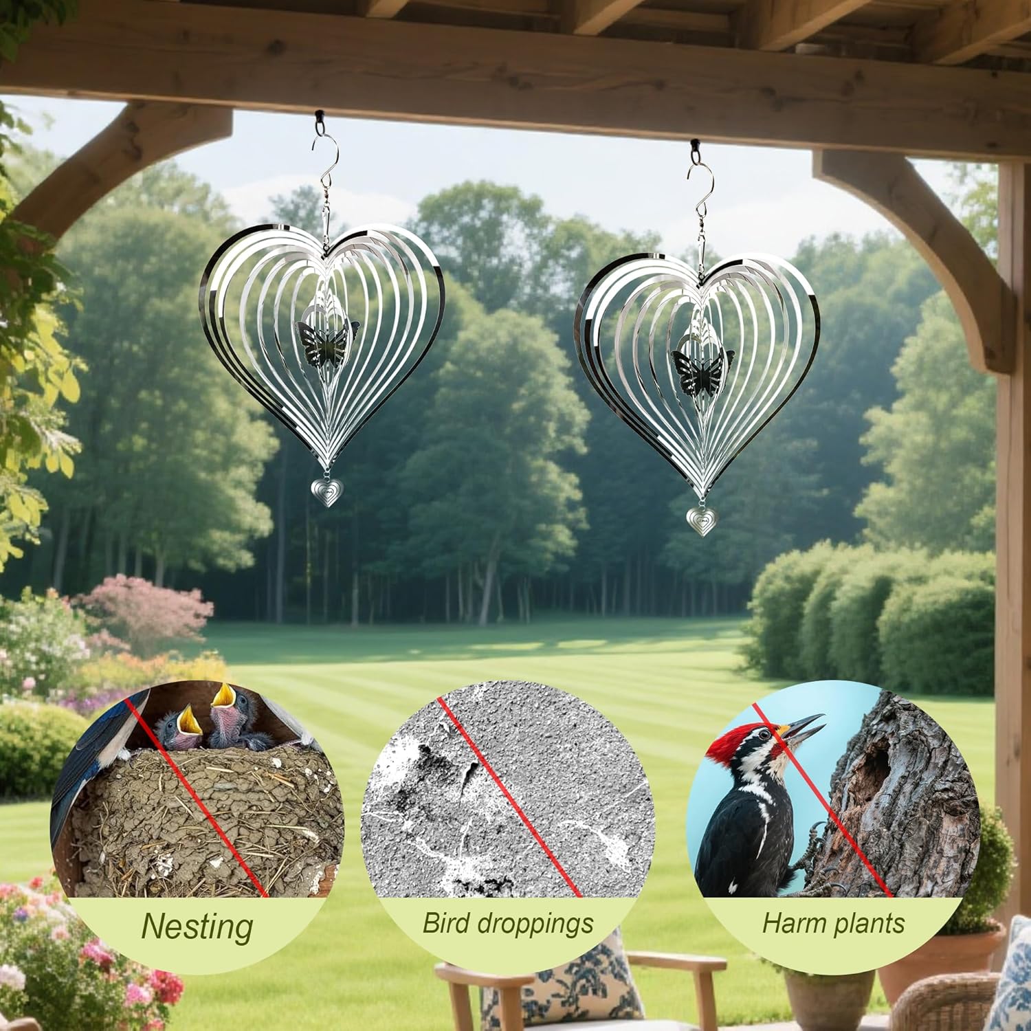 HOOSUN Metal Wind Spinners Outdoor for Yard and Garden Decor,Reflective Bird Deterrents for Outside Windows Patio Porch,Stainless Steel 3D Hanging Heart — image 3