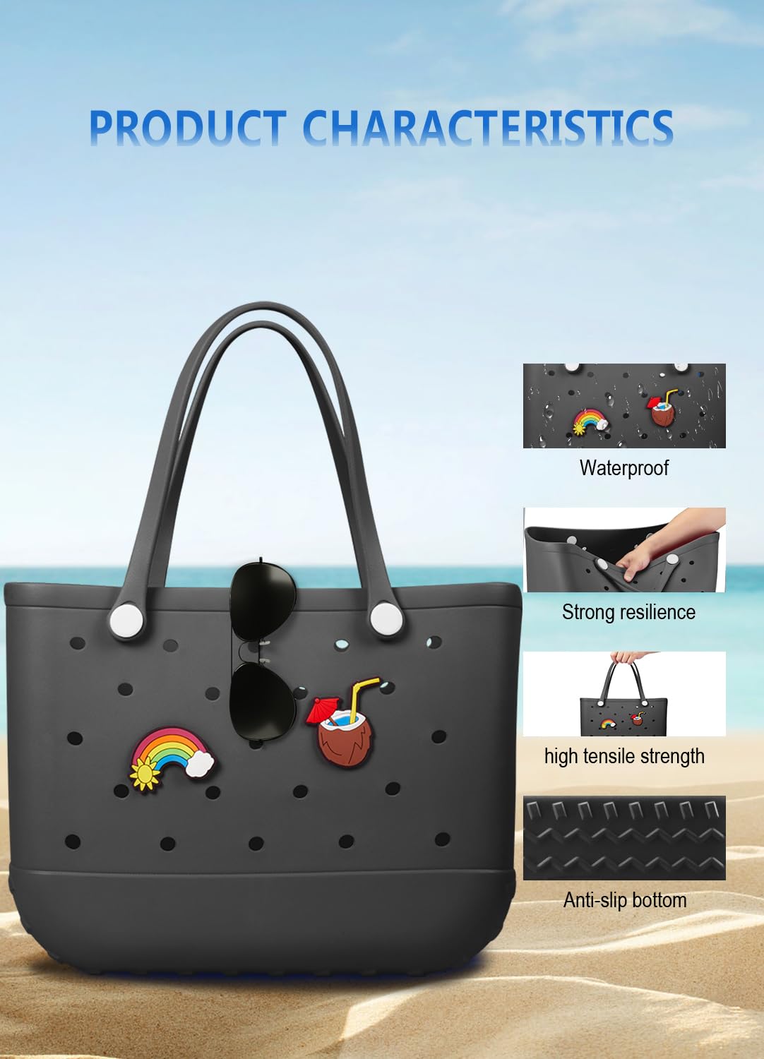 EVA Beach Tote Bag for Swimming, Pool & Travel – Waterproof Washable Rubber Handbag with 2 Random Charms, Lightweight & Sand-Resistant (Black) | Other Colors — image 5