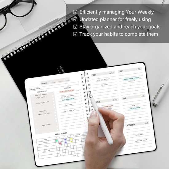 Weekly planner - Notebook for weekly to-do list - With goals and habit tracker - A5 format - Spiral binding - Unisex (Black, Type A) — image 6
